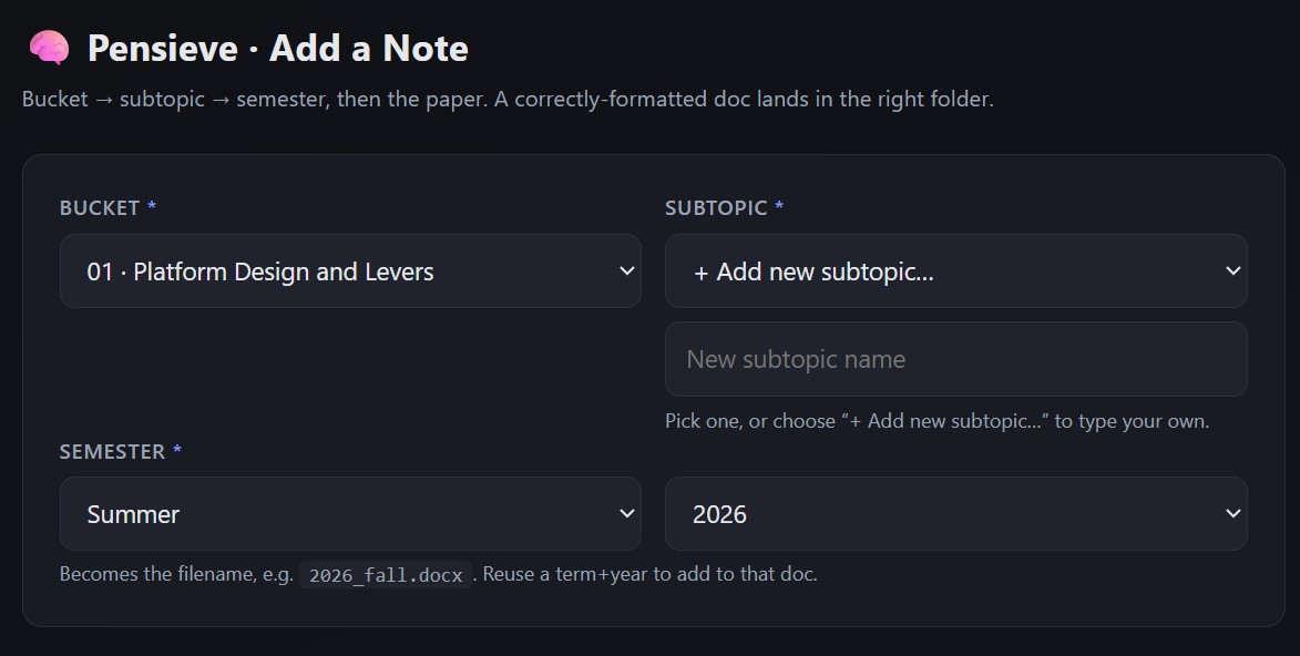 Form overview – bucket, subtopic and semester selection