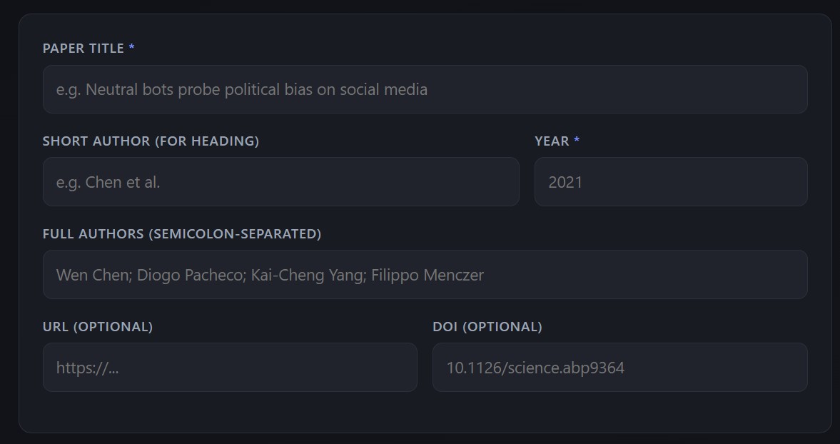 Form overview – paper metadata fields